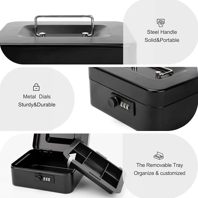 Jssmst Cash Box with Money Tray and Combination Lock - Secure Medication Lock Box for Home and Office Use, 7.87'' x 6.3'' x 3.54'' - Durable and Reliable Security Solution
