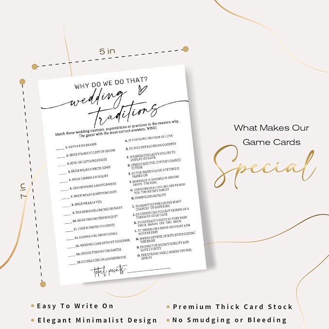 Bridal Shower Game Cards, Why Do We Do That Fun Icebreaker for Engagement Party Guests, 25 Cards with Answer Key, Minimalist White Wedding Shower Party Supplies - A08-3