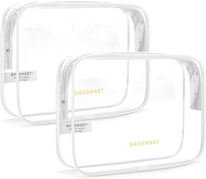 BAGSMART Clear Toiletry Bag, 2 Pack TSA Approved Travel Toiletry Bag Carry on Travel Accessories Bag Airport Airline Quart Size Bags Water Repellent Makeup Cosmetic Bag for Women (White-2pcs) | Carry on Travel Accessories Bag, Airport Airline Quart Siz...