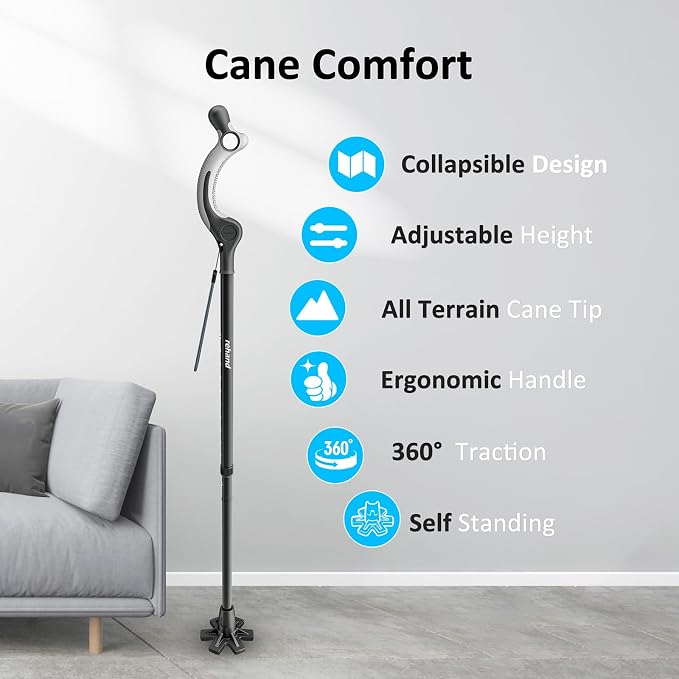 REHAND Adjustable Walking Cane for Seniors Adults - Ergonomic Anti-Slip Grip, 10 Height Settings (40"-49"), 350lbs Weight Capacity, Self-Standing Foldable Cane with Enhanced Anti Slip Base