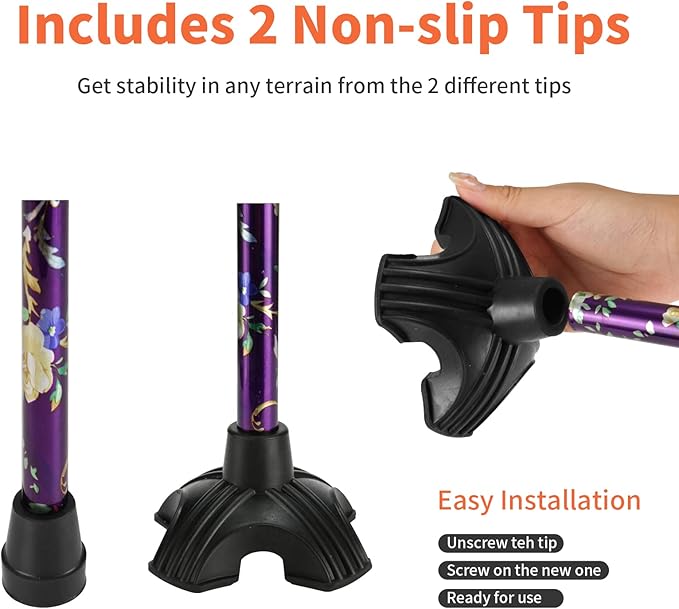 Floral Canes for Women Folding Cane for Stability with Non-Slip Base, Adjustable Walking Cane for Seniors - Lightweight Collapsible Walking Sticks with T & Offset Handle