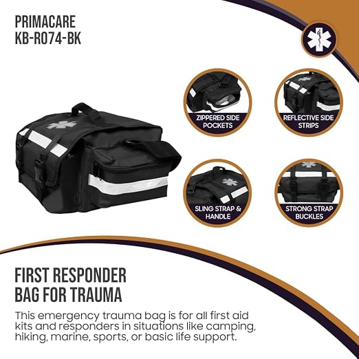 Primacare KB-RO74-BK First Responder Trauma Bag, 17" x 9" x 7", Black — EMT/EMS Medical Supply Organizer with Padded Dividers, Multiple Compartments, Side Pockets, Reflective Strip, Durable Design