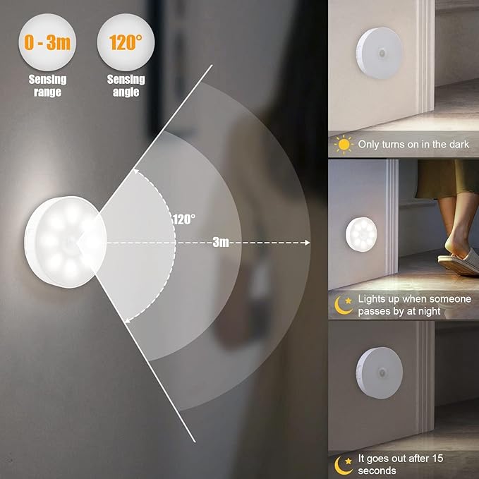 3 PCS Upgraded Motion Sensor Light, 8 LEDs, Hallway Light(6000K Cold White) | Rechargeable, 120 Detection, 3 Modes, Auto Motion Sensor - Closet, Bedroom, Stair, Hallway Light