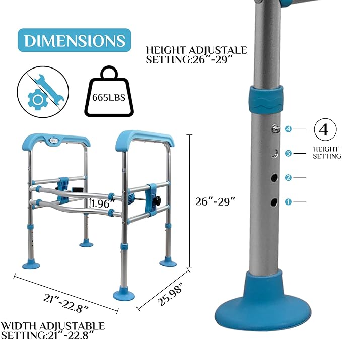 Heavy Duty Aluminum Toilet Safety Rails for Seniors,Adjustable LED Toilet Safety Frame for Elderly,Adjustable Height & Width Safety Rails Support for Most Toilets,Stand Up Assist,665lbs