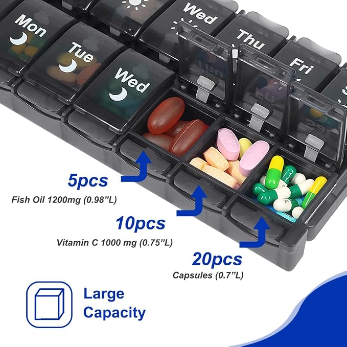 HRX Package Weekly Pill Organizer 2 Times a Day, Easy Fill & Open AM/PM Medicine Box 7 Day Vitamin Cases Day and Night