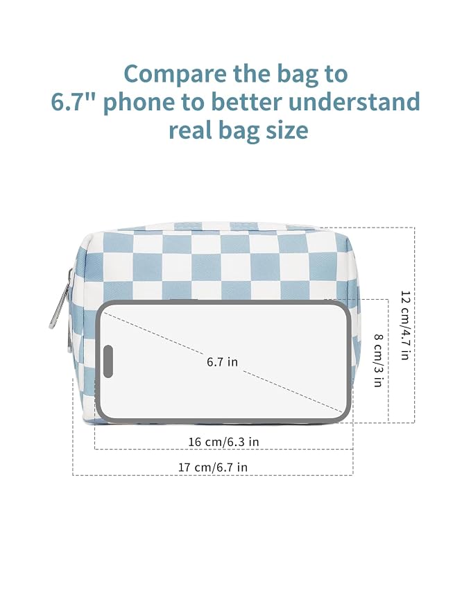 Narwey Small Checkered Makeup Bag for Purse Mini Cosmetic Bag Travel Makeup Pouch Zipper Pouch Cute Make up Bags with Compartments for Women Girls (Small, Sky Blue Checkerboard)