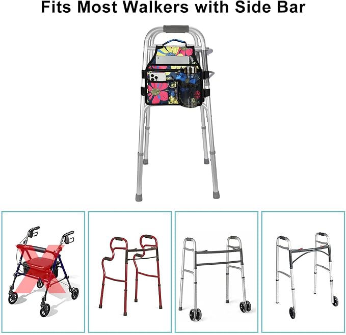 supregear Walker Side Bag, Storage Pouch w/Cup Holder for Folding Walker, Waterproof Caddy Basket for Side Bar Accessory Attachment for Seniors Elderly, Double Sided Organizer