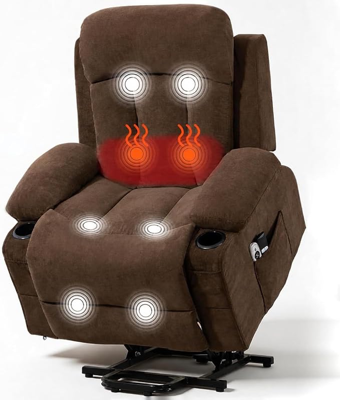 Power Lift Recliner Chair for Elderly, Electric Recliner with Vibration Massage, Lumbar Heat, USB Port & Cup Holders, Ergonomic Living Room Sofa, Brown