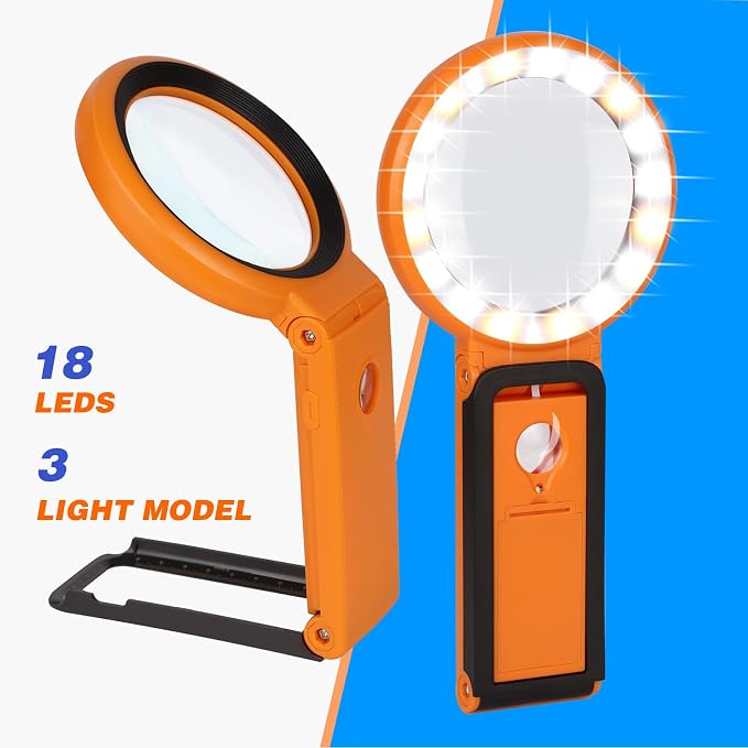 Magnifying Glass with Light and Stand, Foldable Handheld Magnifying Glass 18 LED Illuminated Lighted Magnifier for Macular Degeneration, Seniors Reading, Close Work, Coins, Jewelry Orange