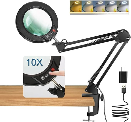 10X Magnifying Glass with Light and Clamp, Real Glass Stand Lighted Magnifier, 5 Color Modes Stepless Dimmable LED Desk Lamp Hands Free for Crafts Hobby Reading Painting Sewing Close Work