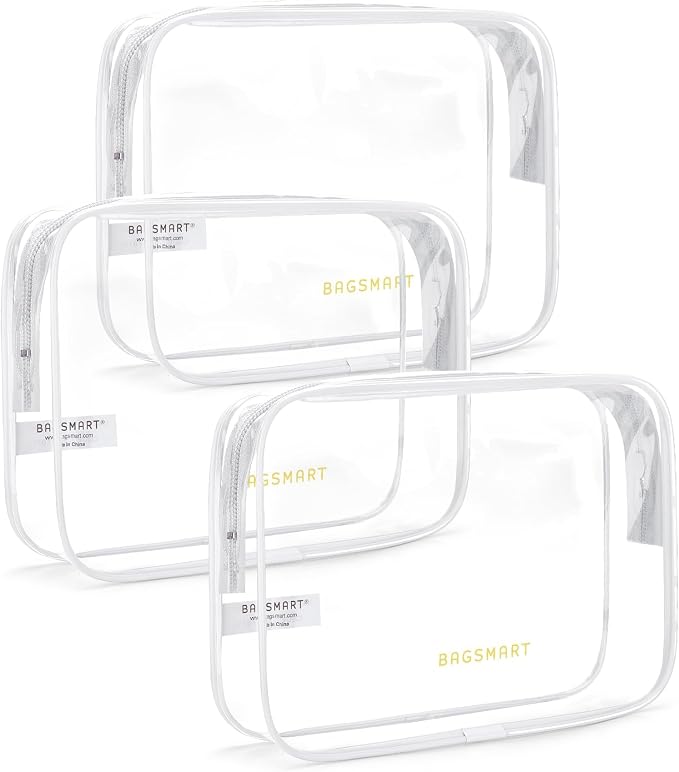 BAGSMART Clear Toiletry Bag, 3 Pack TSA Approved Travel Toiletry bag Carry on Travel Accessories Bag Airport Airline Quart Size Bags Water Repellent Makeup Cosmetic Bag for Women (White-3pcs) | Carry on Travel Accessories Bag, Airport Airline Quart Siz...