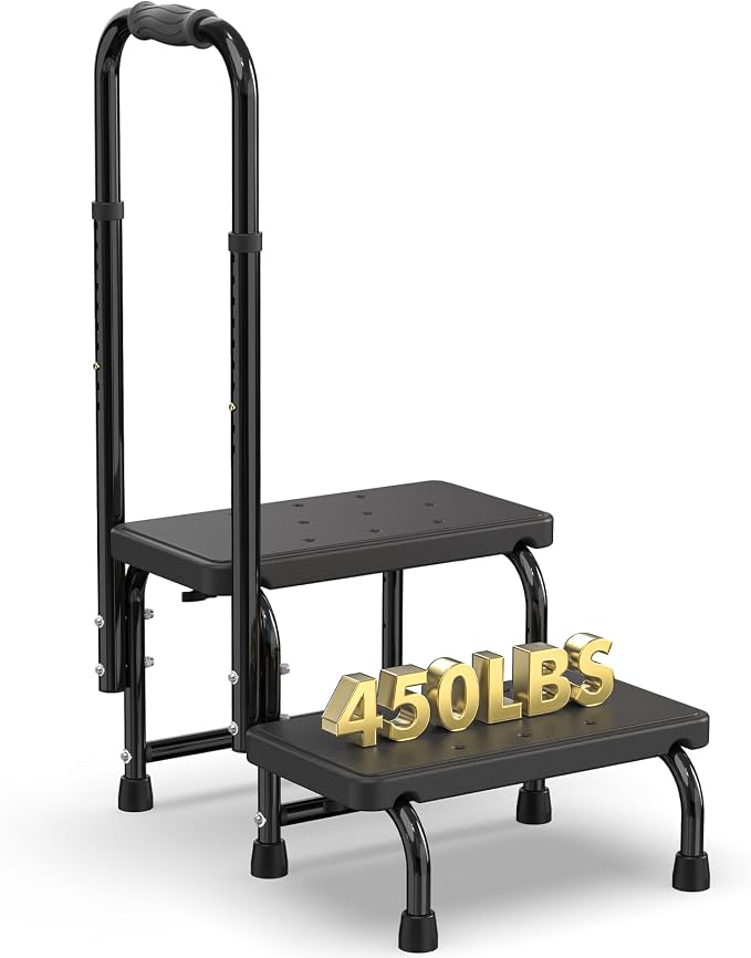Suteck 2 Step Stool with Handle for Elderly Adults, Adjustable Handrail | 6-Leg Welded Frame, 10-Level Adjustable Handrail, Wide Non-Slip Platform, Bathroom, Kitchen, RV, Black