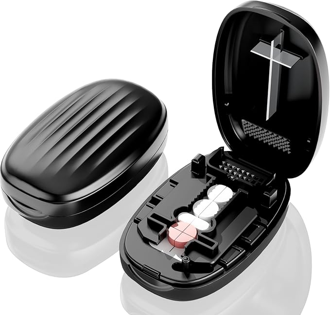 Pill Cutter Splitter for Small and Tiny Pills, 1/2 1/4 Pill Splitter for Small Pills,Vitamins, Tablets in Half or Quarters, Accurate and Easy Cutting, Stainless Steel Blade, Back Storage (Black)