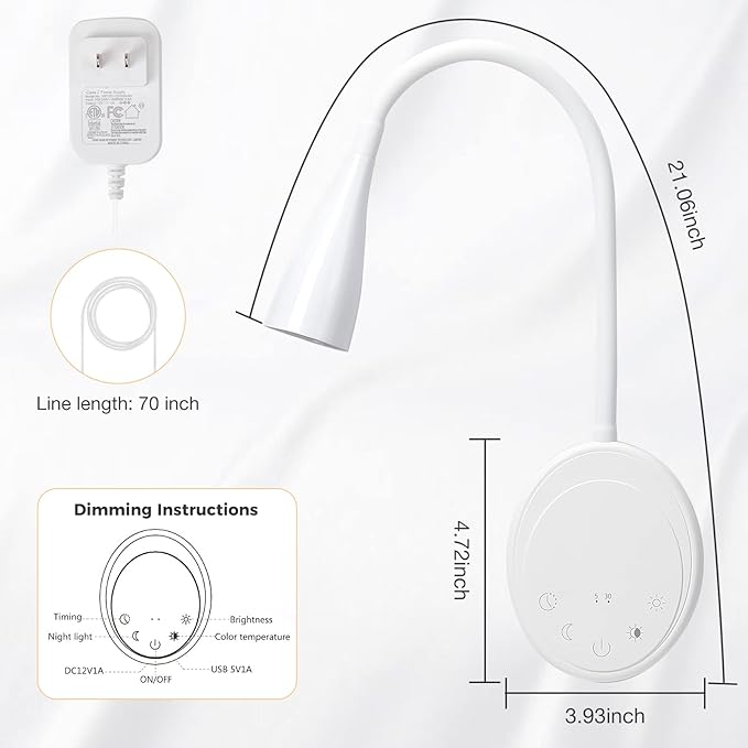 LED Wall Mount Reading Light, Bedside Reading Lights with Touch Control, 5 Dimmable, USB Output, Night Light & Timers, Flexible Gooseneck Headboard Bed Lights Wall Sconce (White-2P)