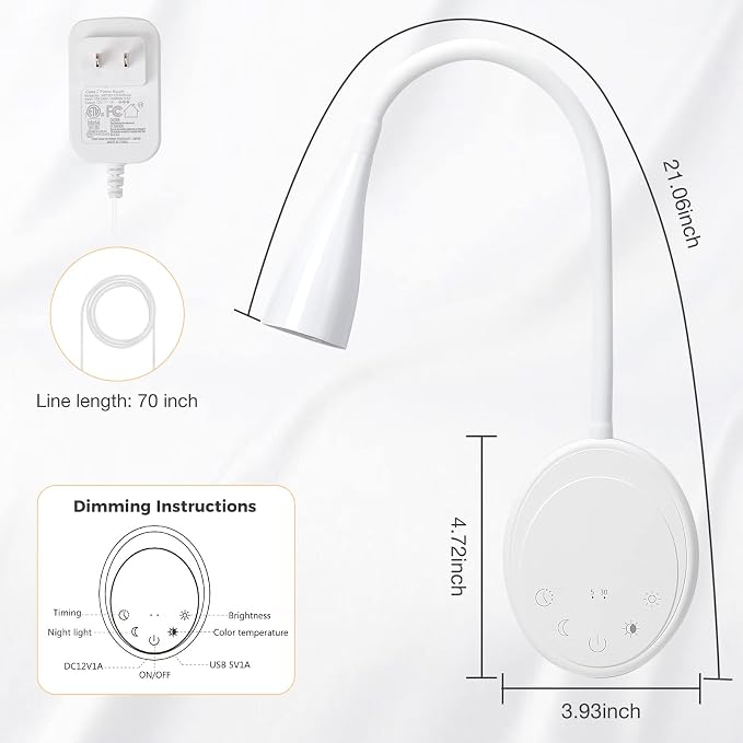 SANKEDOU LED Wall Mounted Reading Light, Book Light for Reading in Bed with Touch Control, 5 Dimmable, USB Output, Night Light & Timers Function, Flexible Gooseneck Headboard Bed Lights (White)