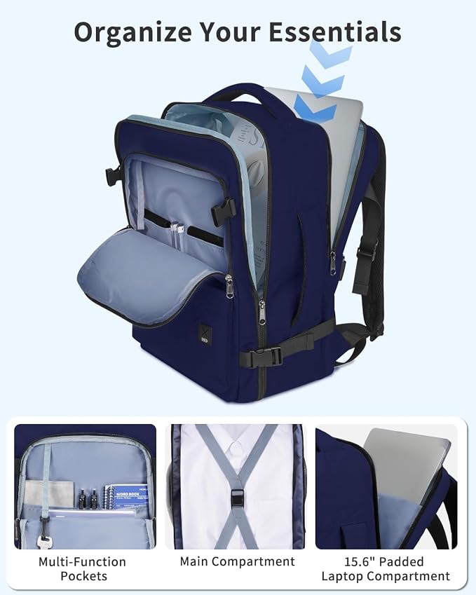 WANDF Personal Item Travel Bag, Small Travel Backpack 17x10x9 for United Airlines, 15.6" Laptop Backpack for Men Women (Navy Blue)