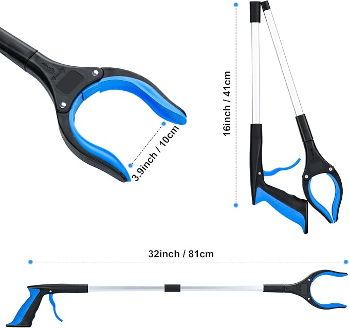 2-Pack Grabber Reacher Tool,32 Inch Foldable Reacher Grabber Pickup Tool with Strong Grip Magnetic,360°Rotating Anti-Slip Jaw,Trash Claw Grabber Tool,Grabbers for Seniors for Outdoor & Indoor (Blue)