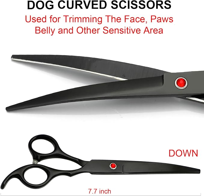 TINMARDA Dog Grooming Kit, Titanium Black Stainless Steel Dog Grooming Scissors with Curved Shears, Black Finger Rings - 5 Piece Sharp Durable Pet Shears for Dogs Cats At Home Salon-Quality Grooming