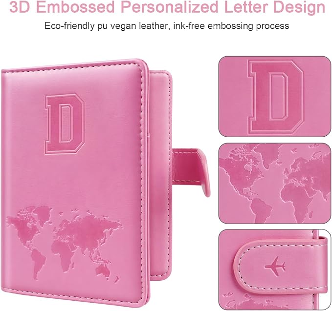 Passport Holder Cover Initial Letter A-Z Travel Wallet Personalized | Travel Essentials, Embossed Design, RFID Blocking, Personalized Gift, Passport Book Holders for Women Girls, Pink-D