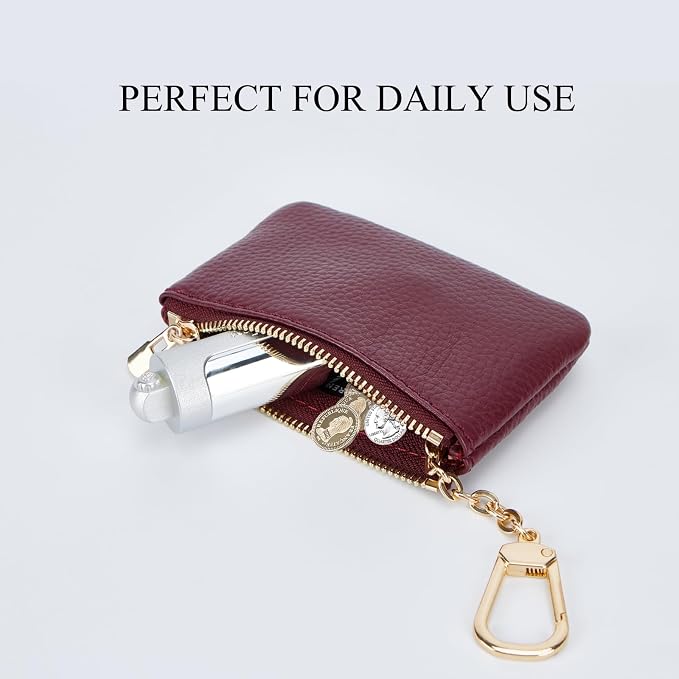 Full Grain Leather Coin Purse with Key Chain - Small Change Purse Keychain Card Holder Keychain Pouch Small Keychain Wallet for Women and Men (Burgundy)