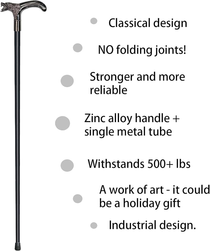 Walking Cane for Men & Women & Seniors - 36.5 Inch Heavy Duty 500+ lbs Capacity, Wolf Ergonomic Handle, Decorative & Ornate Design, Gothic & Goth Elegant Artistry, Metal Cane
