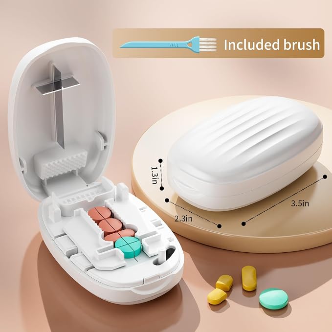 Pill Cutter Splitter for Small and Tiny Pills, 1/2 1/4 Pill Splitter for Small Pills,Vitamins, Tablets in Half or Quarters, Accurate and Easy Cutting, Stainless Steel Blade, Back Storage (White)