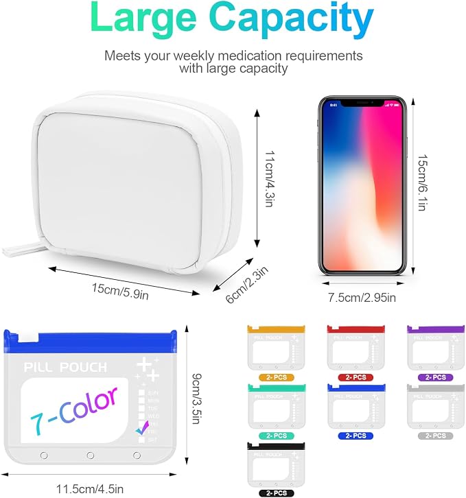 A8 Waterproof Pill Organizer Set, Twice-Daily Large Pill Organizer for Seven Days, Pill Storage with 14 Color-Coded Pouches, Reusable Travel Medicine Organizer