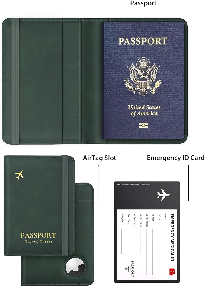 Stouchi AirTag Passport Holder – Slim RFID Travel Wallet | Ultra-slim, Waterproof PU Leather, 5 Card Slots, RFID Blocking, AirTag Slot – Perfect for US Passports
