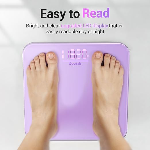 Ovutek Bathroom Scale for Body Weight, Highly Accurate Digital Weighing Machine for People, Upgraded Batteries Included, Compact Size, LED Display, High Standards Sturdy Tempered Glass, 400lb (Purple)