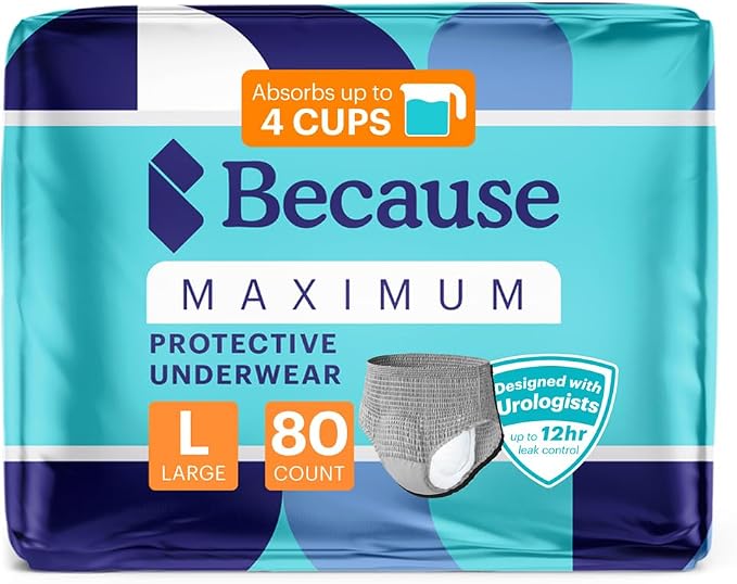 Because Maximum Incontinence Underwear for Men - Heavy Bladder Leak Protection, Ideal for Overnight Leakage, Sleek, Invisible Fit, Grey, Large - Absorbs 4 Cups - 80 Count (4 Packs of 20)