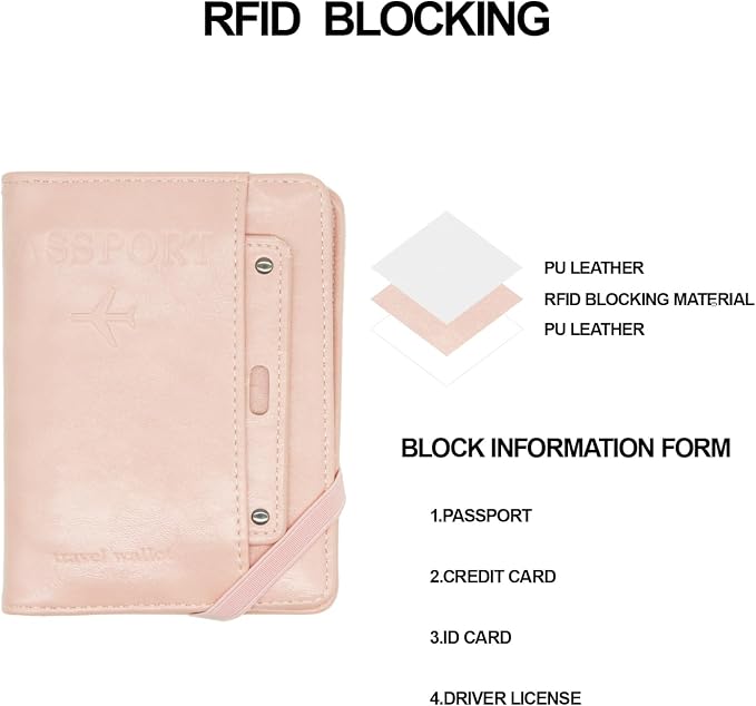 RFID Passport Wallet, RFID Passport Holder for Wallet, Essential Travel Anti-Theft Wallet Storage Case, Anti-Theft Protective Case,Pink
