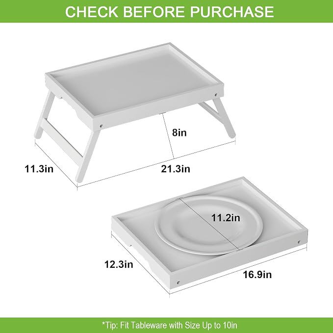 Youpehom Bamboo Bed Tray Table with Folding Legs, Large, White | Large bamboo bed tray with folding legs, handles and raised edges for meals, laptops, reading and serving in bed.