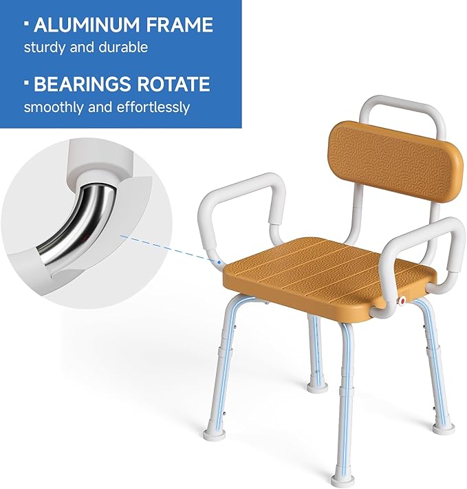 360° Swivel Shower Chair with Removable Arms, Adjustable Height Rotating Shower Chair for Inside Shower for Seniors and Disabled，Tool-Free 3-Min Assembly，Brown
