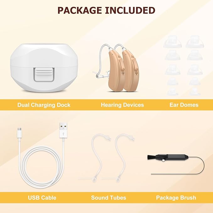 Rechargeable Hearing Aids for Seniors Severe Hearing Loss Earrck Hearing Amplifier with Noise Cancelling BTE Hearing Aid with Volume Control Dual Micphone (Beige)