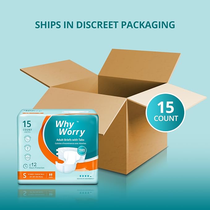 WhyWorry Adult Diapers with Tabs, Maximum Absorbency, Small, 15 Count | Disposable Incontinence Briefs, for Women & Men, Leak-Proof Diaper, Overnight Protection, Odor Control, Unisex