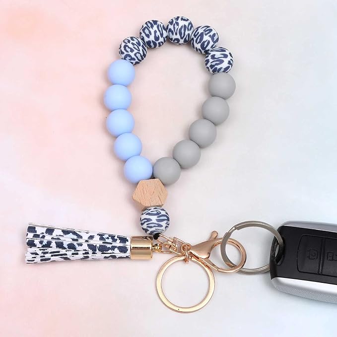 BAOSIWA Silicone Key Ring Bracelet Wristlet Keychain Unique Beaded Bangle Key Chains for Women with Leather Tassel