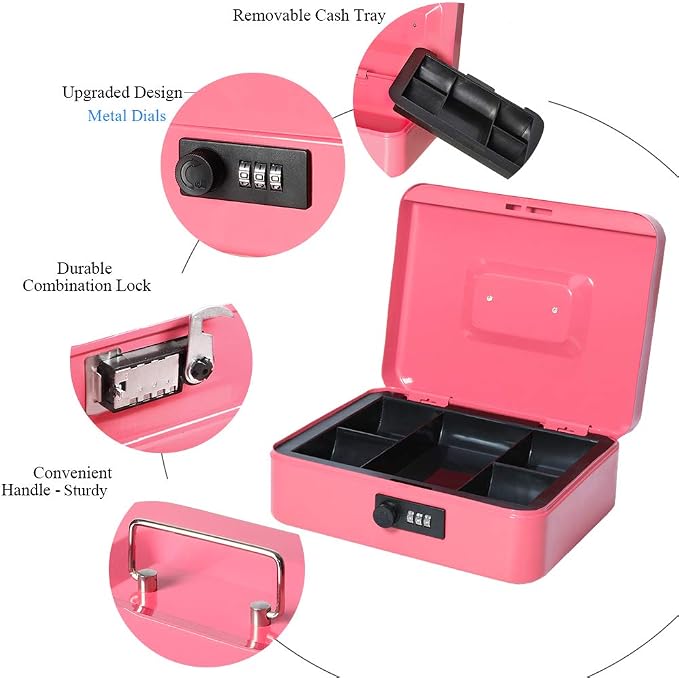 Jssmst Large Cash Box with Combination Lock - Durable Metal Cash Box with Money Tray Pink (9.8 x 7.9 x 3.5), SM-CB07004L, SM-CB014