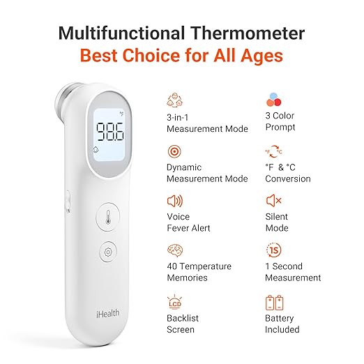 iHealth Infrared Digital Thermometer for Adults, Baby, PT9L White | 3-in-1 Mode & 3-Color Prompt, Fever Alarm & Silent Mode, Forehead & Object Detection, 40 Memory Storages