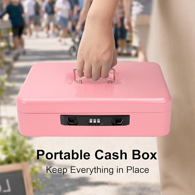 Jssmst Locking Cash Box with Money Tray and Coin Lid, 11.8L x 9.5W x 3.5H Inches, Cash Box with Combination Lock Safe Money Saving Organizer Box, Pink, XLarge