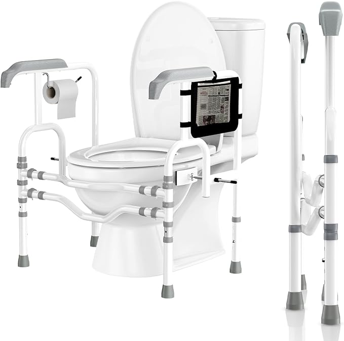 Foldable Toilet Safety Rails for Seniors, Toilet Safety Frame Height Adjustable, Heavy Duty Bathroom Rail with Armrests, Bathroom Safety for Elderly and Disabled(400LBS)