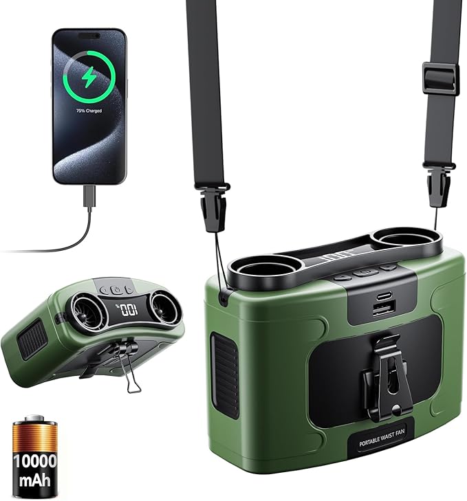 Doublepow 10000mAh Portable Waist Fan, Personal Dual Waist Fan, Clip On Belt Hanging Neck, Dual Motor 20H&10 Speed 16000RPM Strong Airflow, USB Rechargeable Fans, for Outdoor Work Travel(K60-Green)
