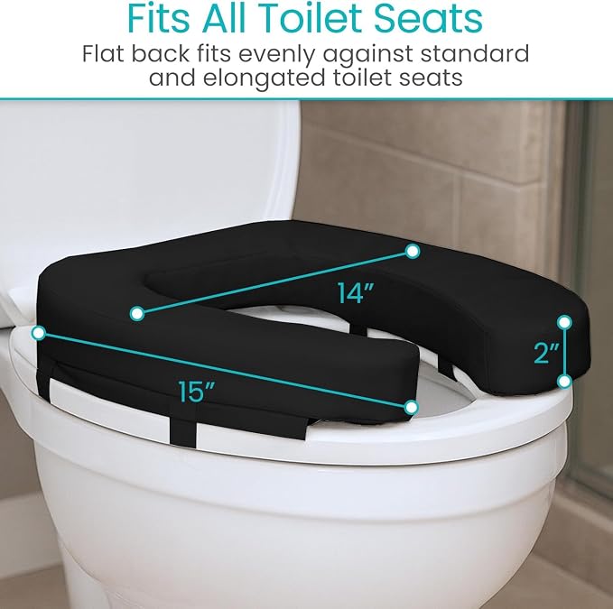 Vive Toilet Seat Cushion (Soft Cushioned Foam) - Easy Clean Padded Bathroom | Attachment - Elongated, Standard Seats - Comfort and Support Donut for Handicap, Adults (2" Cushioned Foam, Black)