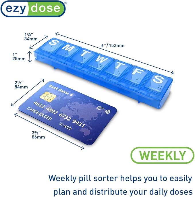 EZY DOSE Weekly (7-Day) Daily Pill Container, Medicine Planner, Vitamin Organizer, Large Locking Compartments Secure Prescription Medication and Prevent Accidental Spilling, Color May Vary, BPA Free