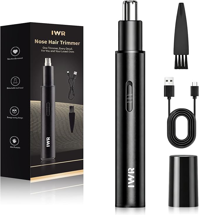 IWR Nose Hair Trimmer, Rechargeable Nose Hair Trimmer for Men Women with Cleaning Brush, Easy to Clean, Multifunctional Nose and Ear Hair Trimmer Improved Stainless Steel Replaceable Blade(Black)