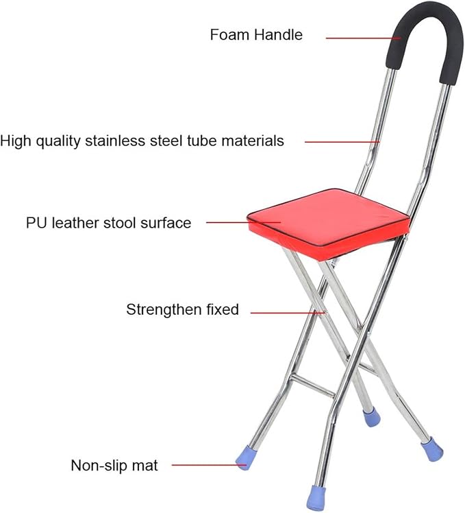 Folding Canes with Seat Crutch Chair 330 Lbs Capacity, Heavy Duty Stainless Steel Cane Chair with 4 Legs, Anti-Slip Seat Cane, Lightweight Walking Stick for Seniors Elderly