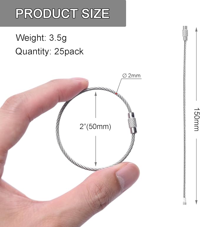 CooBigo 25 Pack Wire Key Ring Large Cable Key Chain Rings 6" Metal Keychain Keyring Loop Bulk for Outdoor Luggage Tags(THICK: 2MM)