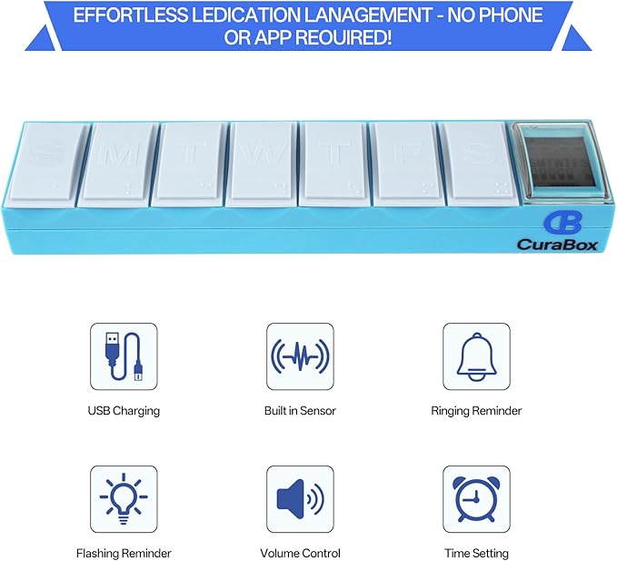 Pill Dispenser with Alarm Medication Alert Smart Pill Organizer with Alarm 7-Day Weekly Case with Auto-Learning Habit Sensor, LCD Status Icons, Rechargeable, Portable