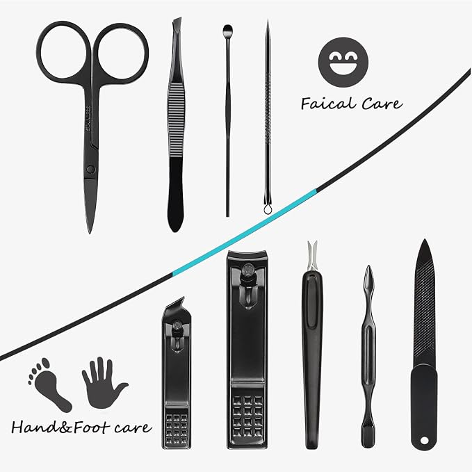 HANTEKAS Manicure Set 9 in 1 Stainless Steel, Nail Clippers Scissors Pedicure Tools Kit - Portable Travel Grooming Kit for Men and Women with Leather Case (Blue-BIG Nail Clipper)