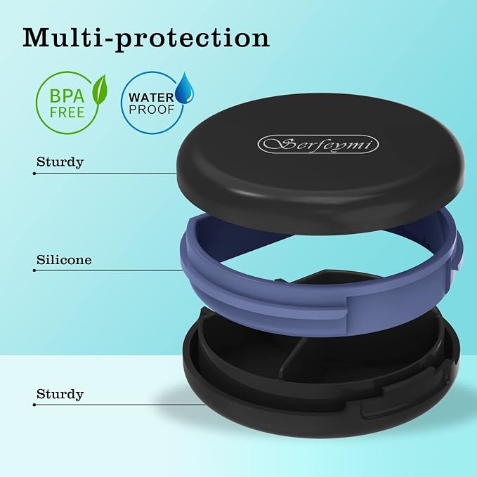 Serfeymi Small Pill Case for Purse, Unique Artistic Patterns Travel Pill Box with 3 Compartments, Portable Mini Pill Organizer for Pocket, Decorative Pill Container for Purse - Black(Logo)