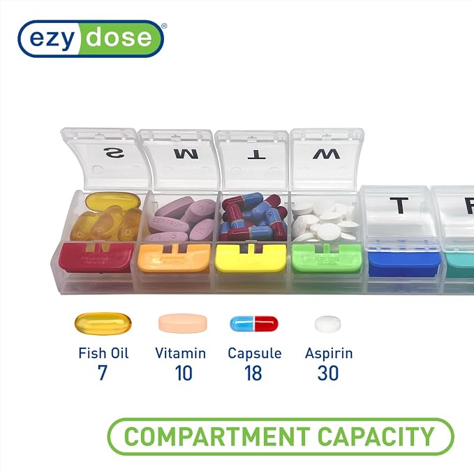 EZY DOSE Weekly (7-Day) Pill Case, Medicine Planner, Daily Vitamin Organizer Box, X-Large Push-Button Compartments, Convenient and Easy to Use, Arthritis Friendly, Clear Lids, Rainbow, BPA Free